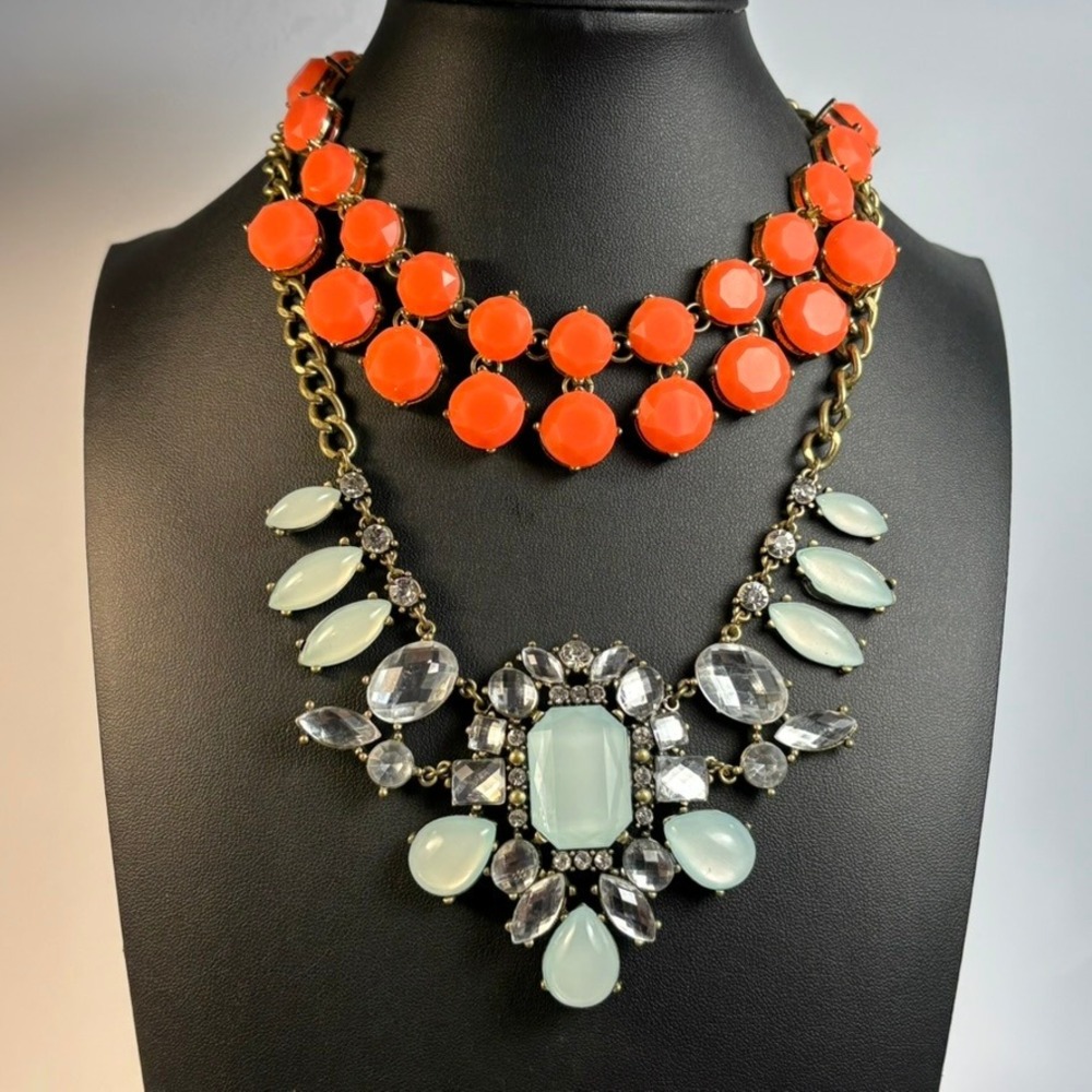 Statement Bib Necklaces Coral Mint Green Acrylic Crystal Boho Costume Jewelry